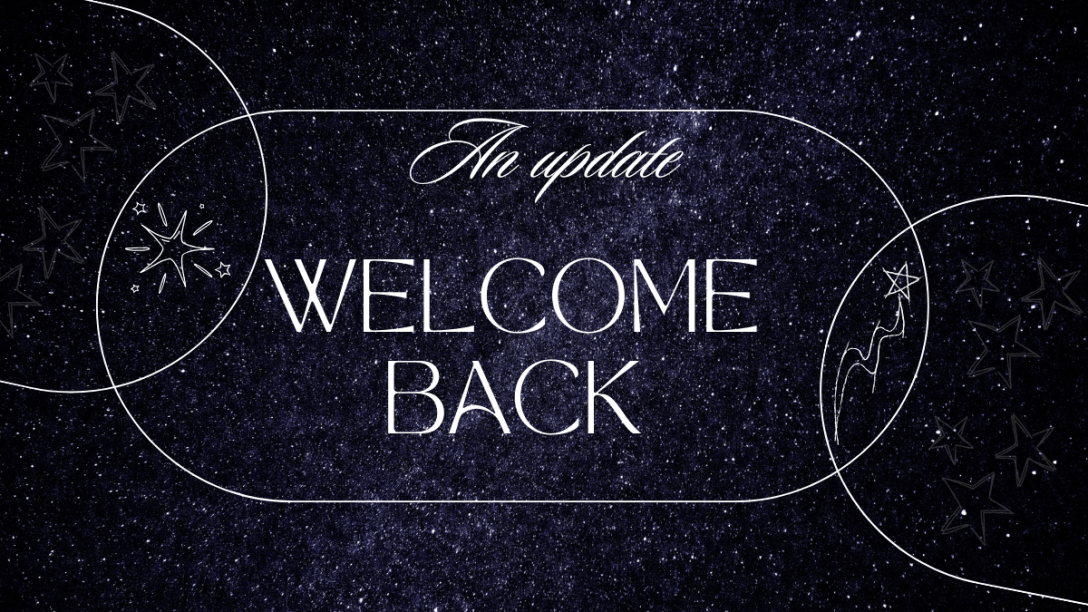 banner for the post "hello and welcome back" saying "an update welcome back"